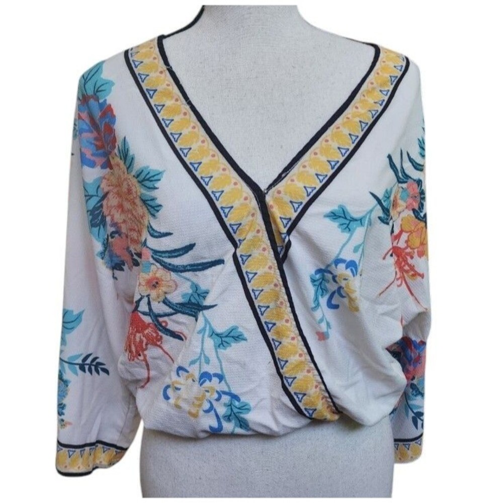 Flying Tomato Size Small Faux Wrap Cropped Blouse Boho Kimono Sleeve